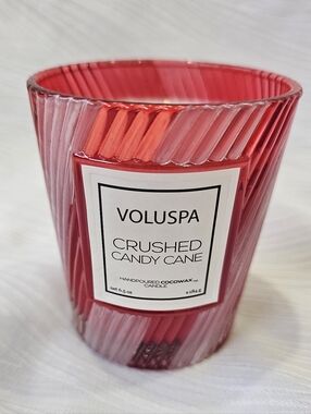 Voluspa Red Ribbed Glass Crushed Candy Cane 6.5 oz Candle